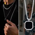 Vnox Black Square Necklace for Men, Stainless Steel Geometric Pendant, Casual Punk Boy Layer Cuban Box Figaro Chain Jewelry. 