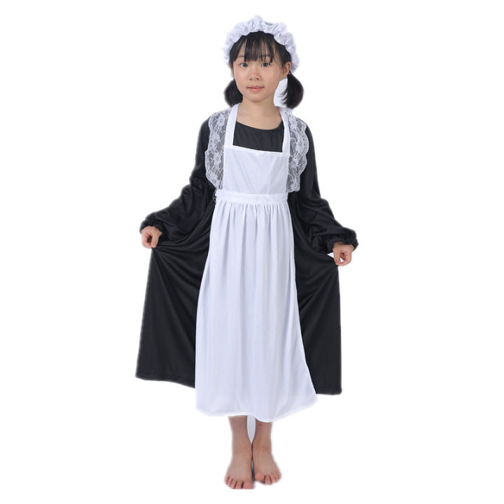 Child's Forum Victorian Girl Dress Coffee Maid Costume Colonial Girl Costume Dress black/White With Apron Hat