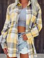 Women Plus Size Fashion Plaid Printed Shirt Casual Loose Long Sleeved Shirt  Lapel Design Shirt Tops. 