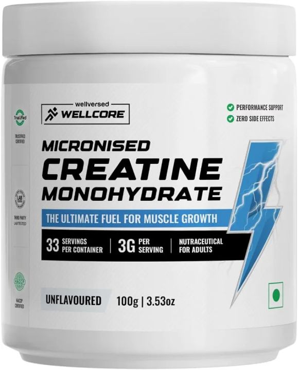 Wellcore - Pure Micronised Creatine Monohydrate Power (100gm,33 Servings) Lab Tested | Unflavored | Rapid Absorption | Enhance Muscle Strength and Power | Fast Recovery | Increased Muscle Mass