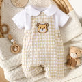Summer newborn baby boy white-collar front open short sleeved shirt, apricot checkered cartoon bear embroidery pattern 2pieceset.