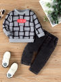 Boys' Trendy Checkered Sweatshirt + Vintage Washed Jeans Two-Piece Set. 