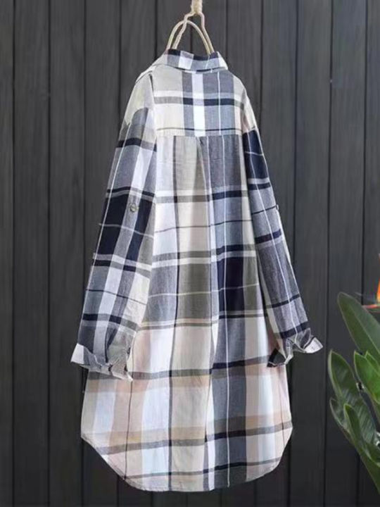 Plus%20Size%20Cotton%20Mid%20Length%20Plaid%20Print%20Women%20Autumn%20Shirts%20Casual%20Female%20Korean%20Fashion%20Long%20Sleeve%20Single-breasted%20Blouses%20-%20Image%206