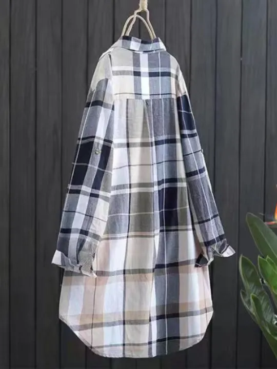 Plus%20Size%20Cotton%20Mid%20Length%20Plaid%20Print%20Women%20Autumn%20Shirts%20Casual%20Female%20Korean%20Fashion%20Long%20Sleeve%20Single-breasted%20Blouses%20-%20Image%206