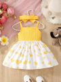 Fashionable baby girl summer trend cute heart with cartoon elephant suspender dress.