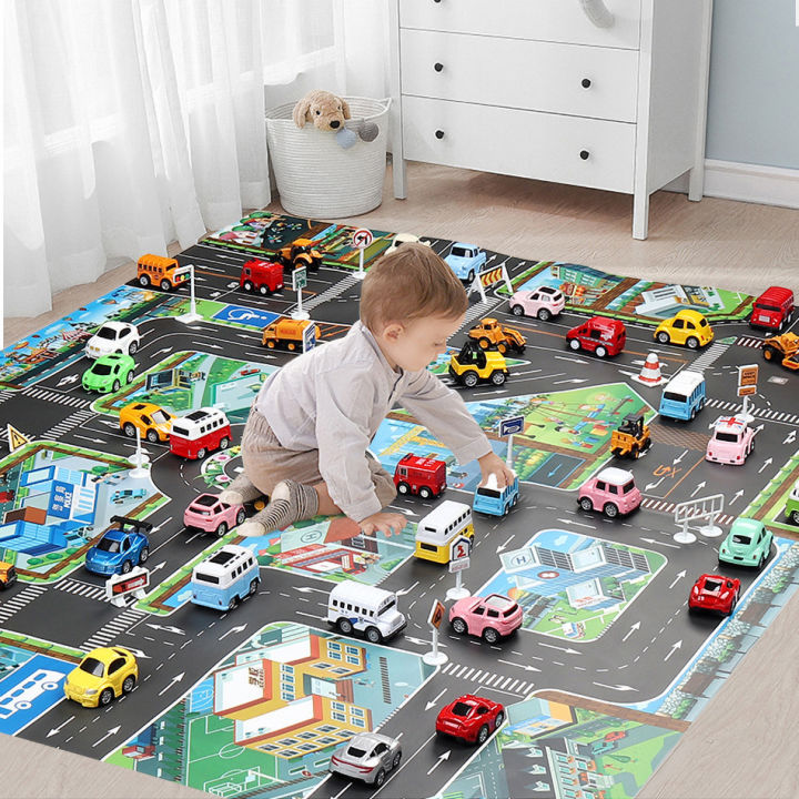 Baby Play Mat Road Map for Kids Cartoon Plastic Thin Traffic Rug Little ...