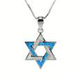 Blue Fire Opal Star of David Pendant Necklace,White K Plated Jewish Jewelry,Unisex Judaica ,Healing Crystal Choker  for. 