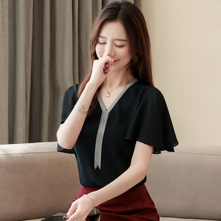 Womens%20Tops%20and%20Blouses%20Women%20Short%20Sleeve%20Shirts%20White%20Chiffon%20Blouse%20Womens%20Clothing%20V-Neck%20Solid%20Color%20Women%20Blusas%203897%20-%20Image%202