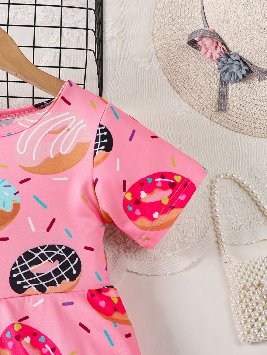 Pink%20cute%20donut%20full%20print%20short%20sleeved%20round%20neck%20girl's%20dress%20-%20Image%204