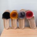 Linen Platform Slippers Women Home Hairball Designer Shoes Girls Fashion Casual House Elegant Slippers Flats Open Toe Indoor. 