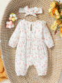 Baby Girl's All Seasons Long Sleeve Print Floral With Bow Daily Jumpsuit For Newborn-6M Clothes +Headband. 