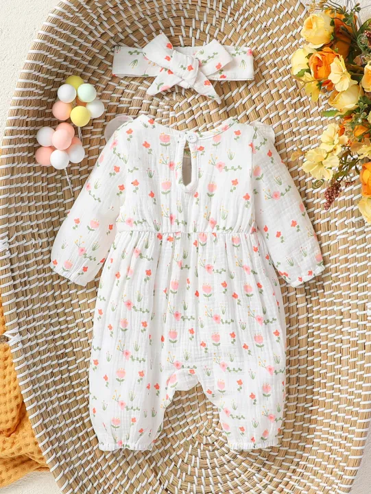 Baby%20Girl's%20All%20Seasons%20Long%20Sleeve%20Print%20Floral%20With%20Bow%20Daily%20Jumpsuit%20For%20Newborn-6M%20Clothes%20+Headband%20-%20Image%202