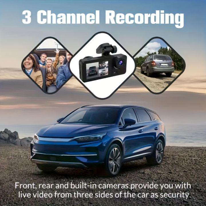 1080P Full HD Dash Cam with 3 Lenses - Easy Adhesive Mount, Loop ...