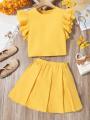 2pcs Girls Casual Ruffled Top And Skirt Set Dress. 