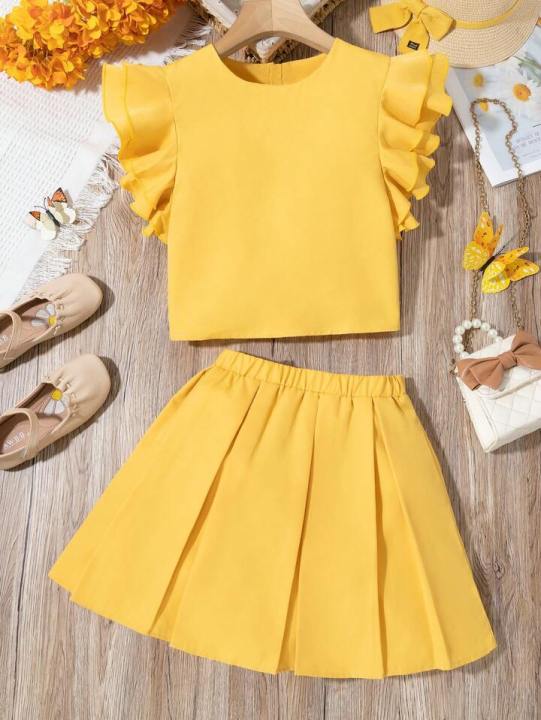 2pcs Girls Casual Ruffled Top And Skirt Set Dress
