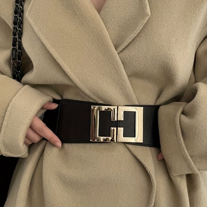 Fashion Geometric Buckle Wide Belt Black Casual Elastic Belt Elegant Dress Coat Belt Women