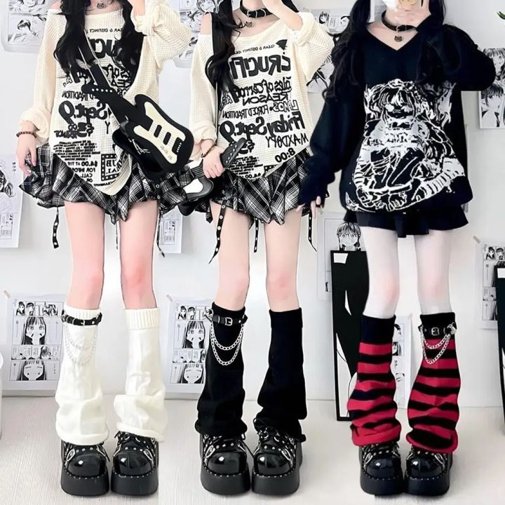 Gothic%20Women's%20Striped%20Leg%20Warmers%20Black%20White%20Lolita%20Long%20Socks%20Knitted%20Japanese%20Winter%20Socks%20Arm%20Ankle%20Warmers%20Wide%20Legs%20Cover%20-%20Image%202