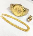 MEN'S FASHION WEDDING WATCH  DEAL TOP FASHION ORIGNAL RH  HIGH QUALITY GOLDEN LUXURIES STAINLESS STEEL ROUND DIAL WITH STAINLESS STEEL STRAPS WATCH WITH GOLDEN CHAIN BRACLET WITH TITANIUM STAINLESS STEEL GOLDEN RING FOR MEN AND BOYS. 