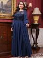Mgiacy plus size  Round neck see-through sequin embroidery patchwork lantern long sleeve chiffon full skirt Evening gown. 