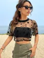 Summer Outfits Star Print Drop Shoulder Crop Mesh Top Without Camisole. 