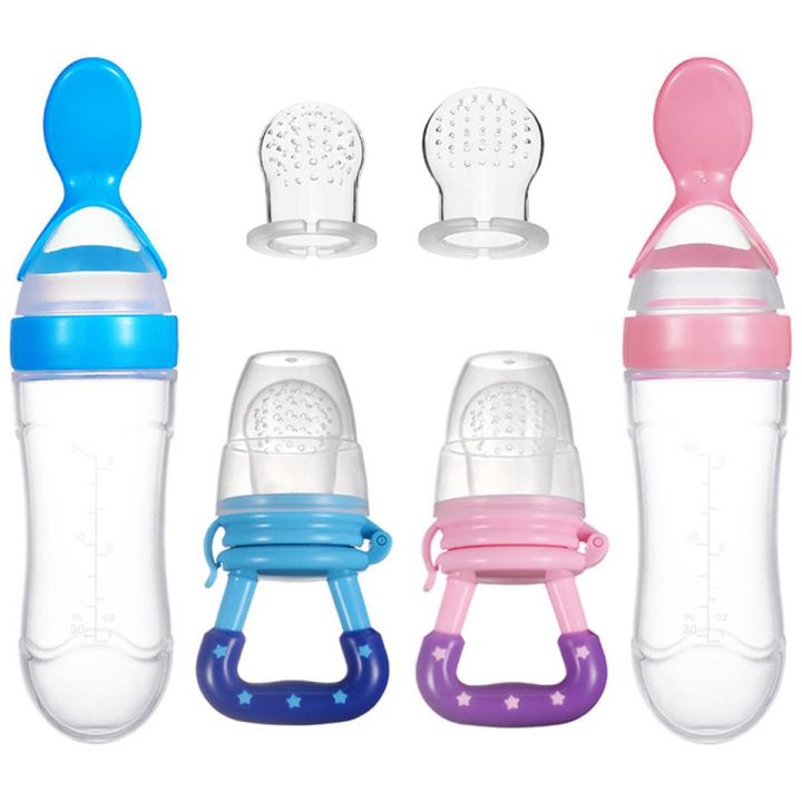 2 in 1 Baby Infant Food Fruits Soft Bite Nipple Feeder Silicone Pacifier With Baby Spoon Squeeze Soft Silicone Spoon Feeder Feeding Tool

 For Babies