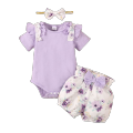 0-18Months Baby Girl Clothes Set Purple Short Sleeve Romper + Flowers Shorts with Headband Toddler Girl Summer 3PCS Outfit. 