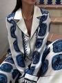 KONDALA Vintage Casual Print Women Suit Single Breasted V Neck Shirts+Loose Wide Leg Long Pants Fashion 2024 Autumn Women Sets.