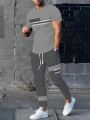 Men's 2025 Summer Splicing Letter 3D Printed Pattern Breathable Quick Drying Top Trendy Soft Top Street Round Neck T-shirt Set.