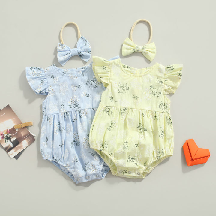 Baby%20Romper%20with%20Hairband%20Kids%20Floral%20Print%20Round%20Neck%20Fly%20Sleeve%20Bodysuit+%20Headband%20for%20Summer%20Blue/Yellow%200-24%20Months%20-%20Image%205