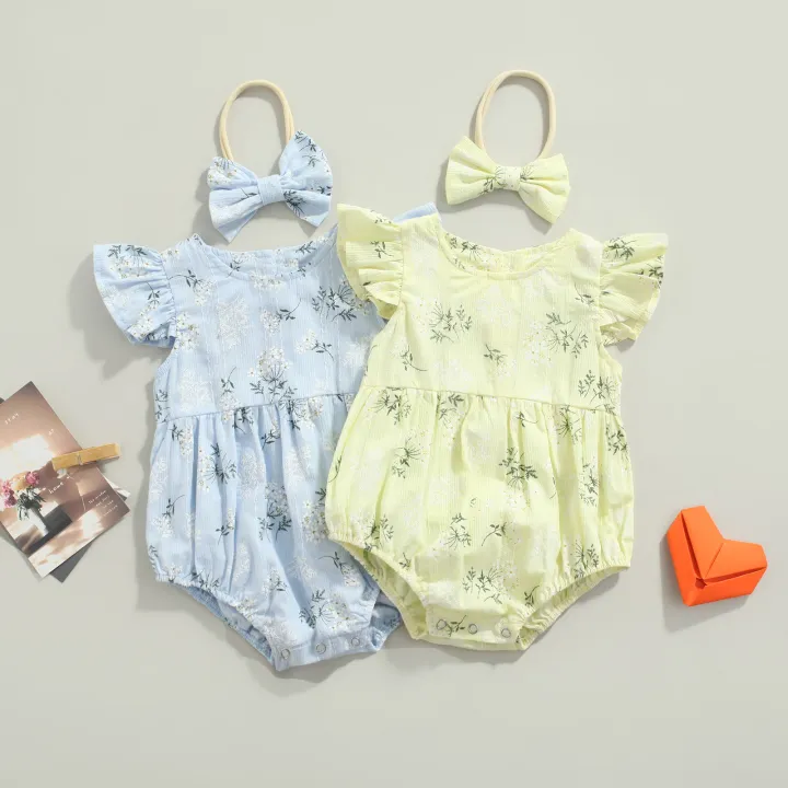 Baby%20Romper%20with%20Hairband%20Kids%20Floral%20Print%20Round%20Neck%20Fly%20Sleeve%20Bodysuit+%20Headband%20for%20Summer%20Blue/Yellow%200-24%20Months%20-%20Image%205