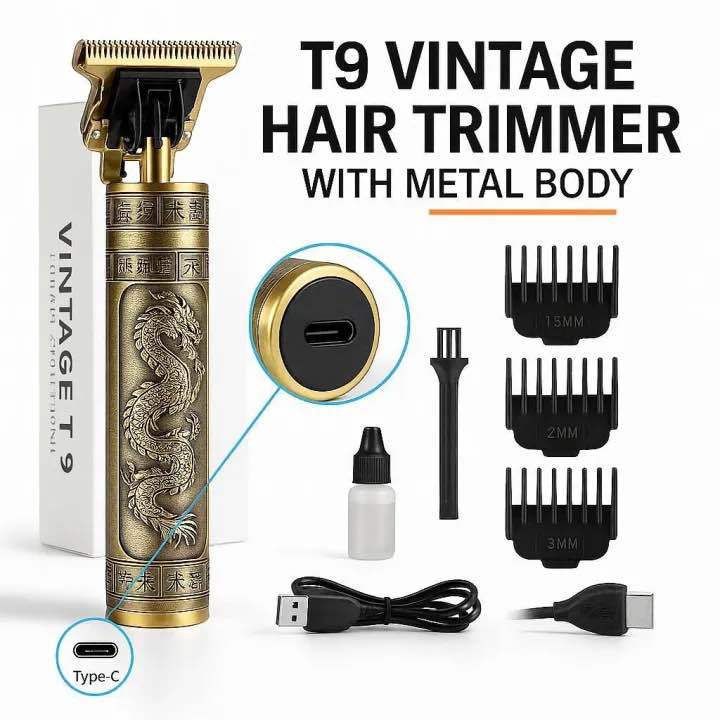 T9 Professional Hair Trimmer | Cordless Electric Hair Clipper & Beard Shaver for Men | Metal Body Barber Machine