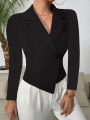 Tailored Double Breasted Blazer Top with Asymmetric Hem for Women Office Party. 