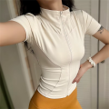 Women's Summer Slimming Training Tops Stand Collar Zipper Short Sleeve Solid Sports Wear Yoga Running Gym Coats Casual Clothes.