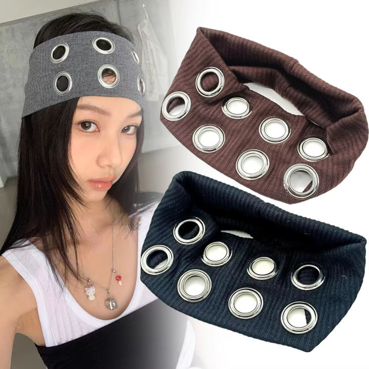 Metal hole headband, punk hip-hop style, fashionable headwear for girls, rock y2k elastic headband