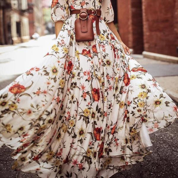 Nauwsluitende%20Bedrukte%20Jurk%20Elegante%20%20Maxi%20Jurk%20Voor%20Vrouwen%20A-Lijn%20Silhouet%20Hoge%20Taille%20Ontwerp%20Halve%20Mouw%20Detail%20Voor%20De%20-%20Image%206
