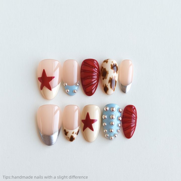 10pcs red Y2k Girl Handmade Press On Nails leopard gel Sweet Cool With star Metal Decoration Wearable Artificial False Nail