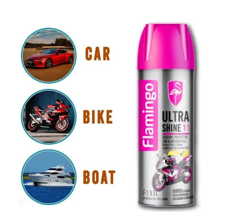 Flamingo Ultra Shine 11 Silicone Protector Car & Motorbike-450ml, Flamingo Ultra Shine Spray Polish, Motorcycle silicon shine spray polish.