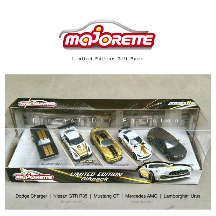 Majorette Limited Edition Licensed 5 Cars Gift Pack - Cars with suspension & moving parts Dodge Charger Nissan GTR R35 Nismo Mustang GT Mercedes AMG Lamborghini Urus