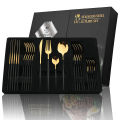 24Pcs Black Handle Golden Cutlery Set Stainless Steel Knife Fork Spoon Tableware Flatware Set Festival Kitchen Dinnerware . 
