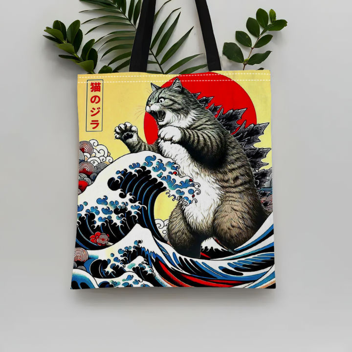 Catzilla%20Japanese%20Art%20Tote%20Bag%20Reusable%20Shoulder%20Shopping%20Beach%20Bag%20For%20Women,%20Durable%20Casual%20Carryall%20-%20Image%202