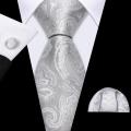 Barry.Wang Black White Gray Silver Men Tie Handkerchief Cufflinks Set Jacquard Necktie for Male Wedding Business Party Gift.