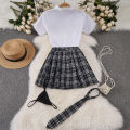 Transparent Short Sleeved Shirt Crop Top With Elastic Waist Pleated Plaid Skirt Preppy Student Cosplay Sweet Cute  Lingerie Set. 