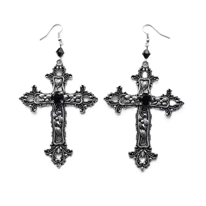 Punk%20Dazzle%20Goth%20detail%20Crucifix%20Black%20Zircon%20Jewelry%20Earrings%20Silver%20jewelry%20stylish%20gorgeous%20women's%20classic%20gift%20-%20Image%203