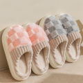 Fashion Couple Winter Slides Warm Plaid Fluffy Slippers Soft Sole Flip Flops For Women And Men Home Indoor Non-slip Cotton Shoes. 