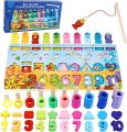 6 in 1 Wooden Montessori Learning Toy, Magnetic Fishing Game, 6-in-1 Wooden Blocks Puzzle Board Set Numbers, Fruits, Traffic, Characters, Animals, and Career Matching for Toddlers Preschool Montessori Counting Educational Wooden Toy. 