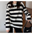 Tzy new long-sleeved T-shirt. cute striped design, comfortable to wear, soft texture, fashion clothes, black/green, black, round neck design.. 