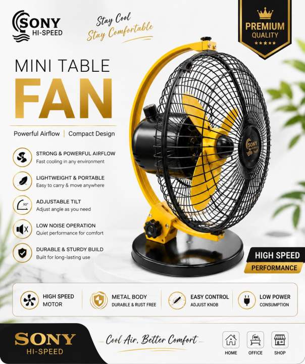Sony Premium Stormy Silent Table Fan | 9 Inch High-Speed Fan | 100% Copper Motor