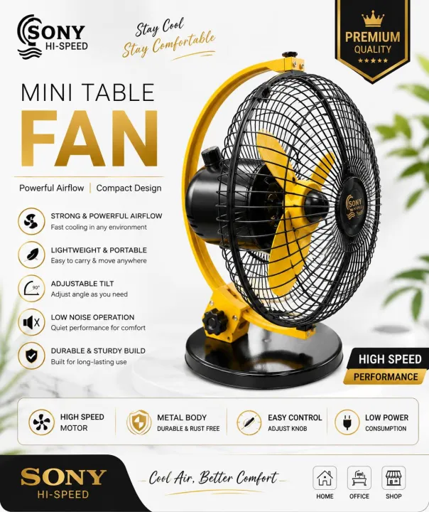 Sony Premium Stormy Silent Table Fan | 9 Inch High-Speed Fan | 100% Copper Motor