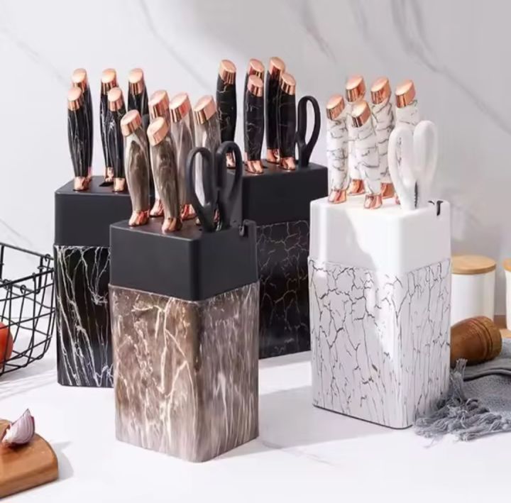 Kitchen Knife Set Stainless Steel Chef Knife Set 7 Piece with Marble Textured Handle Tool Holder with Grinding Stone