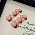 Handmade Press on Nails Shiny Cat Eye French Dot Grid Fake Nail Tips Women Girl Wearable Red New Year Sweet Korean False Nails. 
